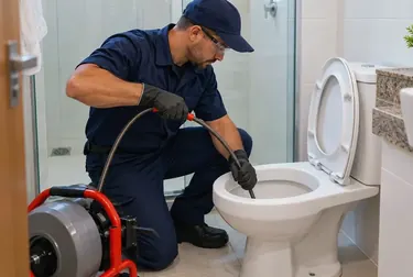 Especialista desentupindo um vaso sanitário em Itacoatiara.