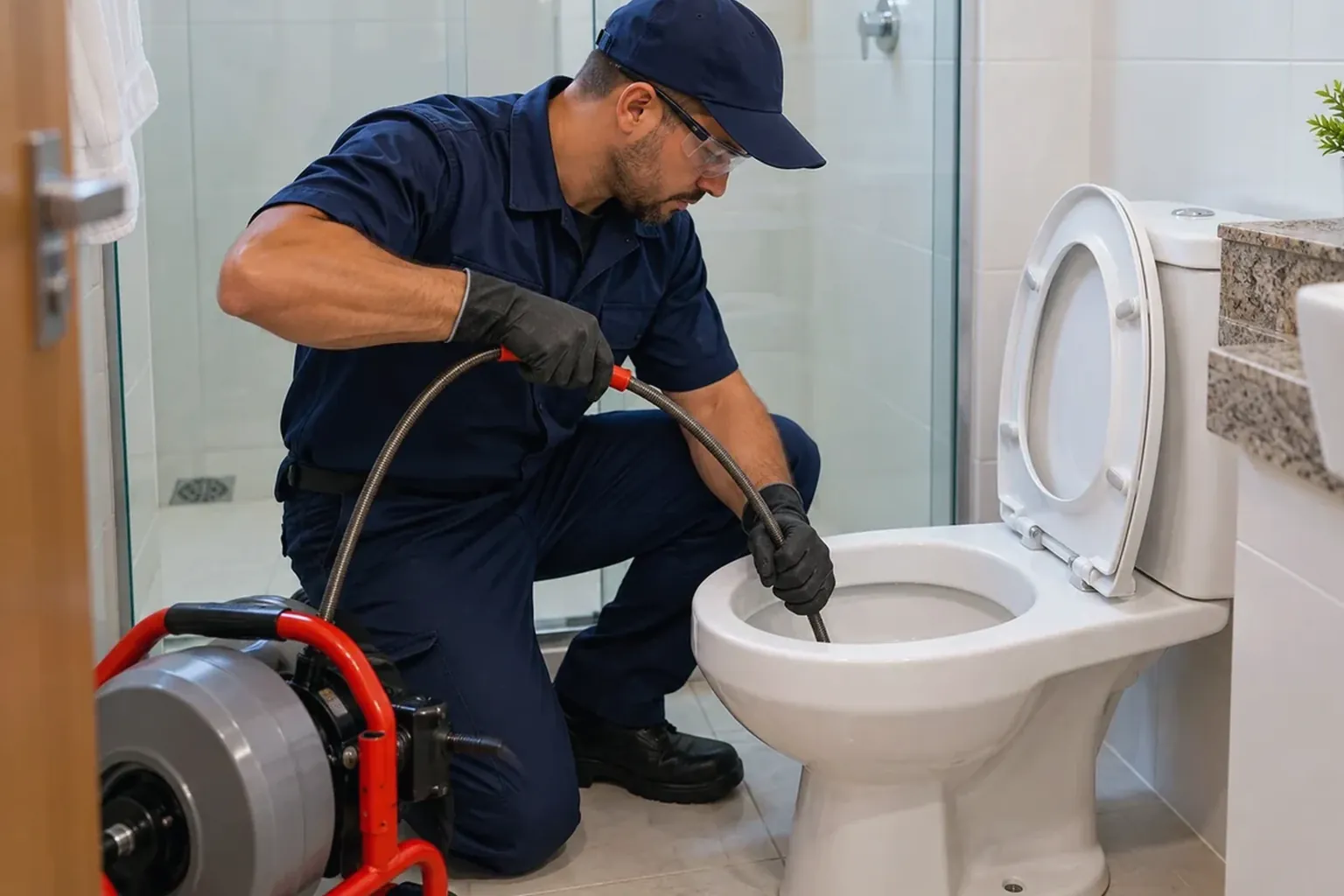 Especialista desentupindo um vaso sanitário em Itacoatiara.