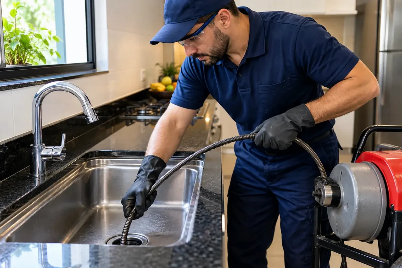 Profissional desentupindo uma pia em Itacoatiara com equipamentos.