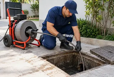 Técnico realizando desentupimento de esgoto em Itacoatiara.