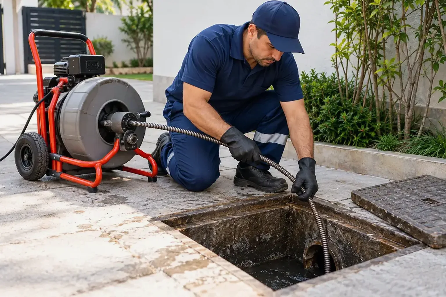 Técnico realizando desentupimento de esgoto em Itacoatiara.