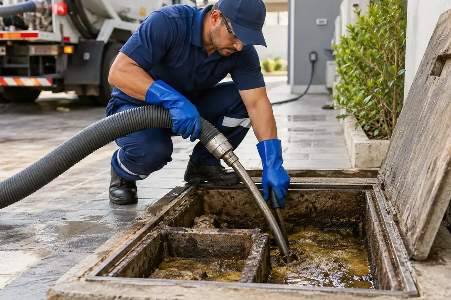 Técnico realizando limpeza de fossa séptica em Itacoatiara.